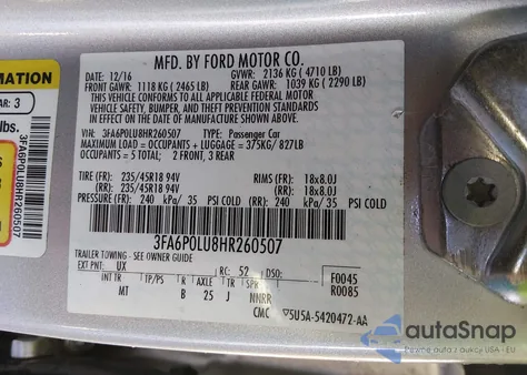 2017 Ford Fusion Hybrid Se z USA, uszkodzony, nr VIN 3FA6P0LU8HR260507